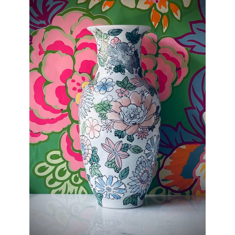 Vintage Asian Vase. Floral and Pastel. Hand painted